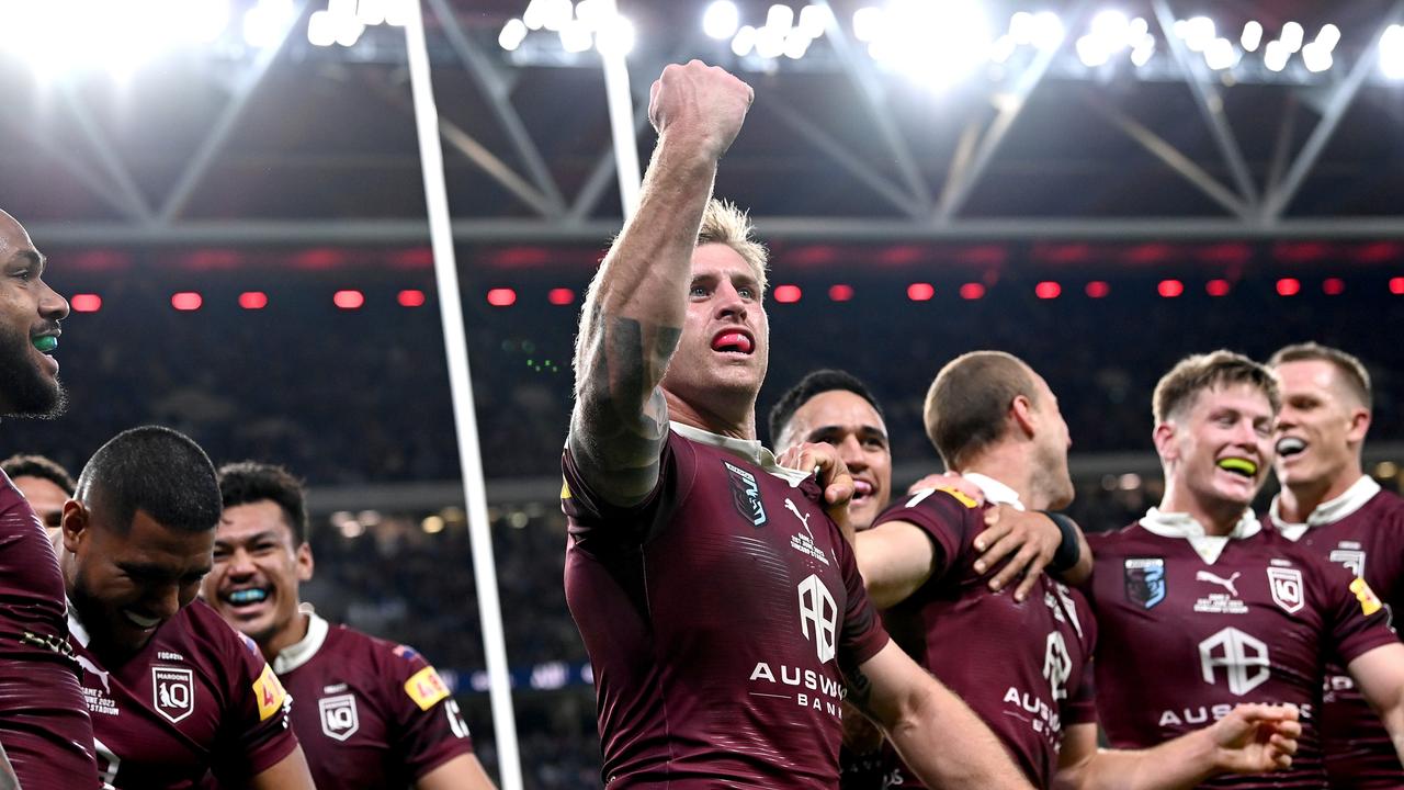 Cameron Munster celebrates a Queensland try. Picture: Bradley Kanaris/Getty