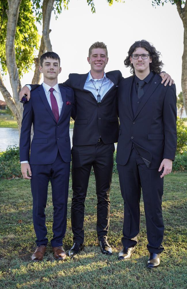 Emmett Clifford, Finn Crowther and Harry Denlay at the Mackay North State High School formal at Windmill Function Centre, November 19, 2021. Picture: Heidi Petith