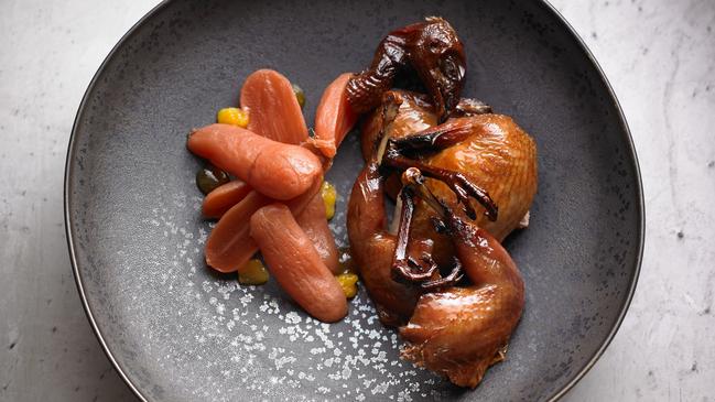 Eugowra quail, picked radishes, orange salt Provenance, Beechworth