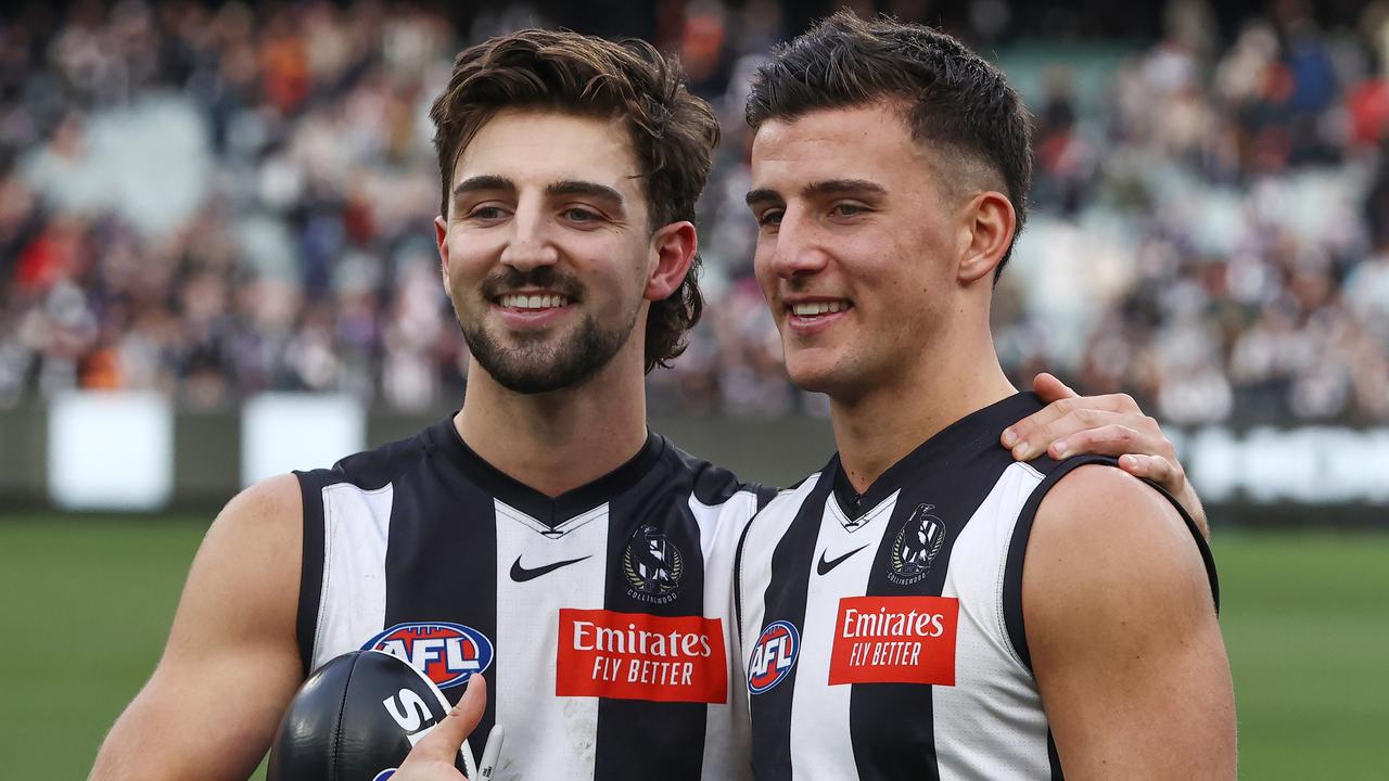 MELBOURNE - June 25 : AFL. Josh Daicos and Nick Daicos after the round 15 AFL match between Collingwood and Adelaide at the MCG on June 25, 2023, in Melbourne. Photo by Michael Klein.