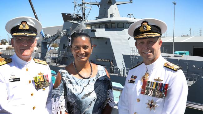 At ASC Osborne in December, 2021 for the official launch of OPV Arafura, the first of two being built in Adelaide are: (LtoR) Commodore SteveTiffen, Nova Peris and Vice Admiral Michael Noonan. Picture Dean Martin