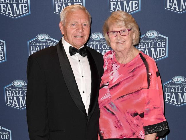 Barry Cable pictured with his wife Helen at the 2018 Australian Football Hall of Fame induction dinner at Crown Palladium in Melbourne.