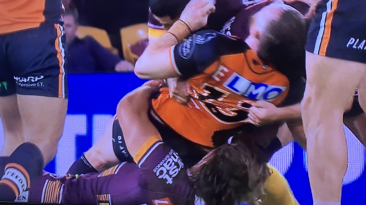 Jackson Hastings is injured in a tackle that resulted in Brisbane Broncos’ Pat Carrigan going on report