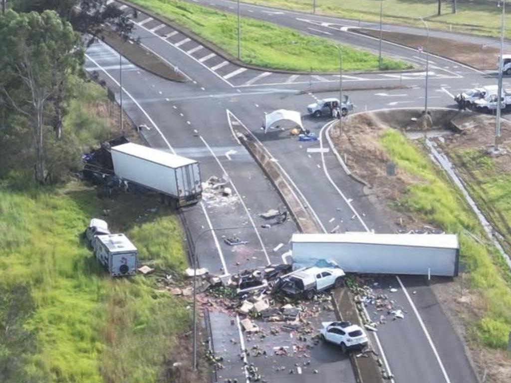 An aerial view of the site of the triple fatal at the intersection of Walker St and the Bruce Highway in Maryborough.