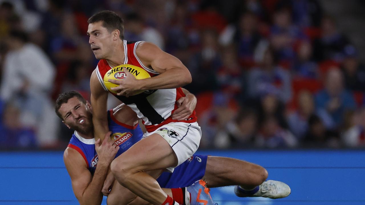 Steele caught up in a tackle. (Photo by Darrian Traynor/Getty Images)