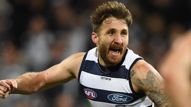 Zach Tuohy celebrates his goal after the siren. Picture: AAP