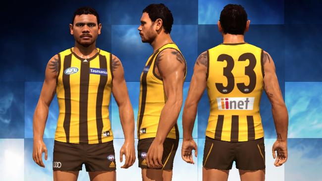 Cyril Rioli’s character model in the upcoming video game, AFL Evolution, which is scheduled for release in the first half of 2017.