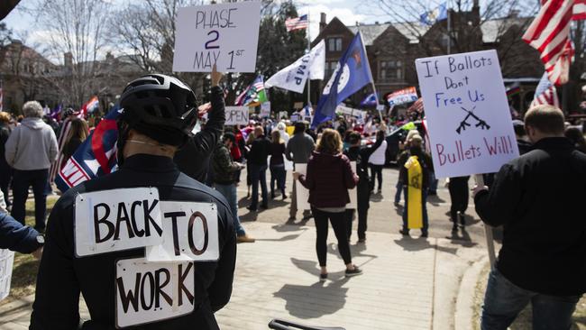 Protesters at the ‘Liberate Minnesota’ in St. Paul, Minnesota. A growing number of protests are being staged across the US to oppose stay-at-home orders amid the coronavirus pandemic. Picture: Evan Frost via AP