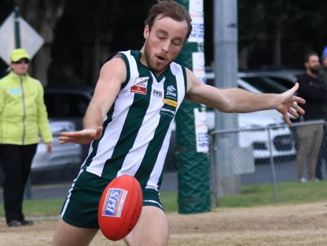 Forest Hill player Dean McGuire gets it on the boot in the Eastern Football League (EFL). Picture: Davis Harrigan