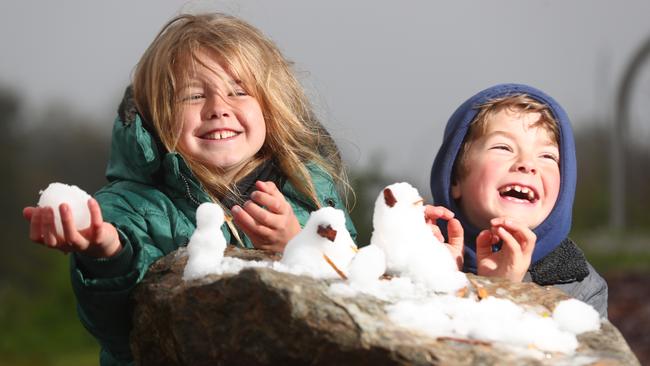 Grace and Asher, 9 and 7, at Mt Lofty enjoy the hail – or was it snow? Picture: Tait Schmaal.