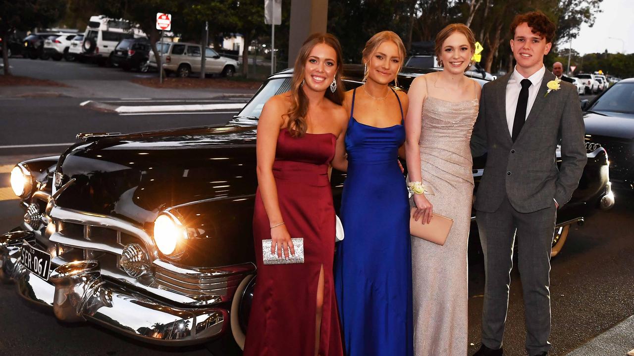 Tahlia Castro, Sarah White, Georgie Schravenade and Jake Yates at year 12 formal, Nambour Christian College. Picture: Patrick Woods.