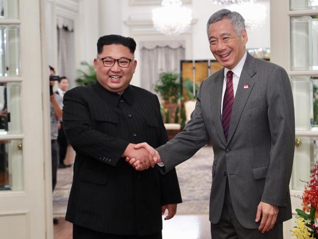 North Korean leader Kim Jong-un with Singapore's Prime Minister Lee Hsien Loong. Picture: Ministry of Communications and Information Singapore/Getty Images