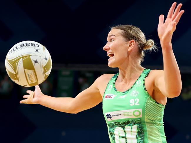 PERTH, AUSTRALIA - JUNE 25: Courtney Bruce of the Fever looks to the referee after a contest during the Super Netball Semifinal match between Melbourne Vixens and West Coast Fever at RAC Arena, on June 25, 2023, in Perth, Australia. (Photo by James Worsfold/Getty Images)