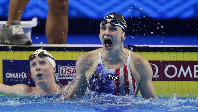 USA swimmer Lilly King and Annie Lazor reacts during the US swimming trials. Picture: AFP