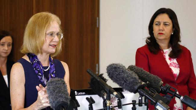 Queensland Premier Annastacia Palaszczuk, right, and Chief Health Officer Dr Jeannette Young announce the closures. Picture: Tertius Pickard