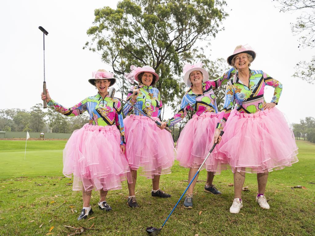 Dressed for fun are members of Complete and Putter Madness (from left) Leah Esler, Sharon Dray, Lynn Morgan and Jan Knox are playing more than 72-holes in support of Cancer Council Queensland's The Longest Day campaign at Toowoomba Golf Club, Monday, December 14, 2020. Picture: Kevin Farmer