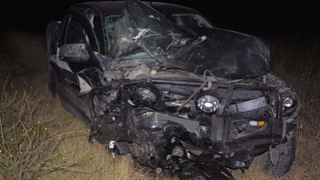 The remains of the Ford ute after the crash near Penola, where two people died. Picture: Supplied