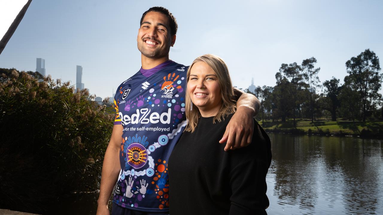 Reimis Smith showing off the Storm’s Indigenous Round jersey for 2024. Picture: Bray Taylor, Melbourne Storm