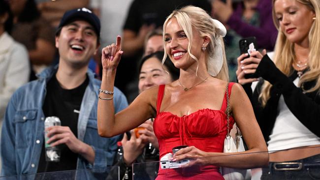 US influencer Morgan Riddle celebrates the victory of USA's Taylor Fritz against Greece's Stefanos Tsitsipas. Picture: AFP