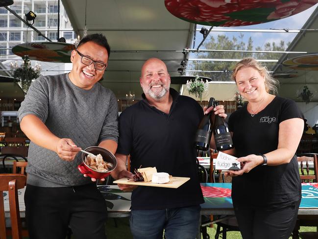 Oscar Zheng, of Sea Urchin Dumplings, left, Nick Haddow, of Bruny Island Beer Co. and Haddow &amp; Dineen Wines, and Roz Madsen of House of Fudge Dessert Bar. Picture: Nikki Davis-Jones