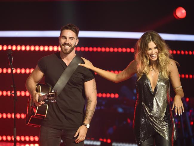 Delta Goodrem on the set of The Voice with contestant Tim Conlon. Picture: Supplied