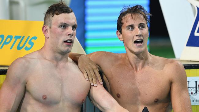 BRISBANE, AUSTRALIA — APRIL 12: Kyle Chalmers congratulates Cameron McEvoy of Australia on winning the Men's 100m Freestyle during the 2017 Australian Swimming Championships at the Sleeman Sports Complex on April 12, 2017 in Brisbane, Australia. (Photo by Quinn Rooney/Getty Images)