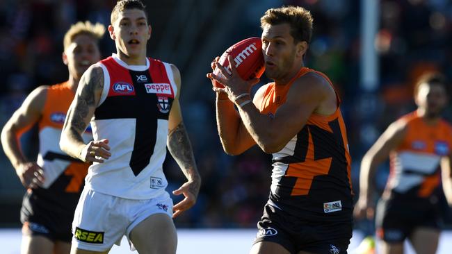 Matt de Boer’s rise as a tagger is indicative as GWS’ willingness to use role players effectively. Picture: AAP Image/Sam Mooy.