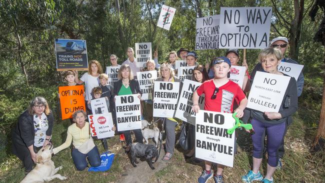 Residents United Against North East Link Option A at Koonung Park, Bulleen, which they suspect will be impacted by the route. Picture: Rob Leeson.