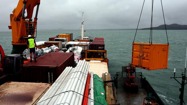 Sea Swift cargo freighter Trinity Bay loading onto a barge at Lockhart River. Picture: Supplied