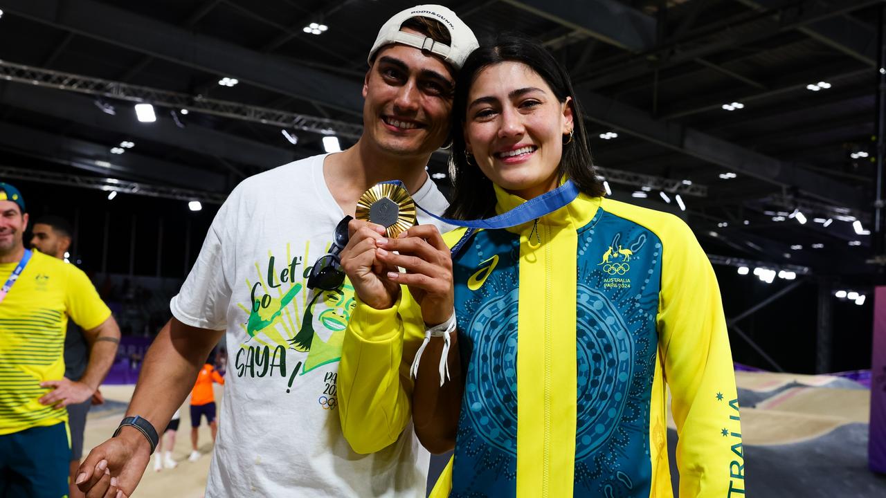 It was an emotional win for Saya Sakakibara, pictured with her brother Kai celebrating her gold medal. Picture: Pete Dovgan/Speed Media/Icon Sportswire via Getty Images