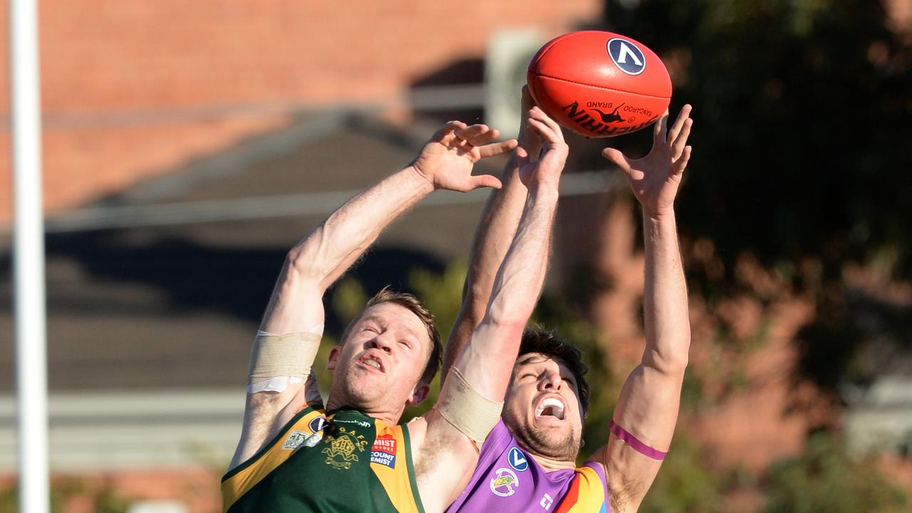 VAFA Premier: St Bedes Mentone v Old Trinity at Mentone. This is "Jane's Match'', recognising the late Jane Barnes, sister of club captain Michael. Old Trinity #49 Connor Lindsey and St Bedes #16 Robert Ludica contest a mark. Picture: AAP/ Chris Eastman