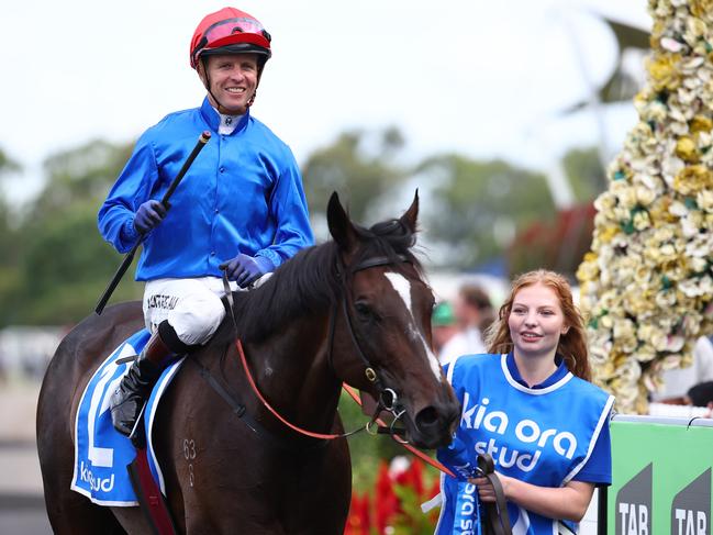 SYDNEY, AUSTRALIA - MARCH 23: Kerrin Mcevoy riding Zapateo wins Race 9 KIA Ora Galaxy  during the Golden Slipper Day - Sydney Racing at Rosehill Gardens on March 23, 2024 in Sydney, Australia. (Photo by Jeremy Ng/Getty Images)