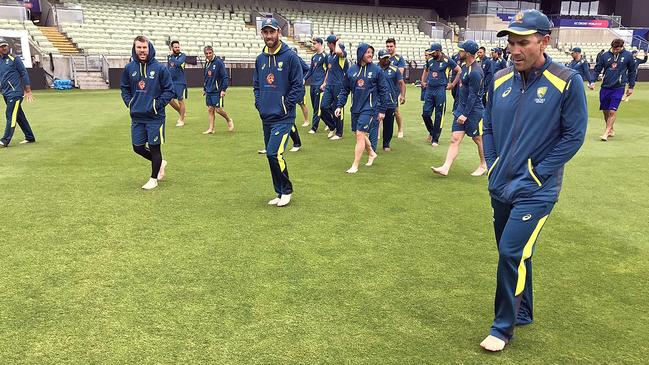 Justin Langer leads the Australian World Cup squad onto Edgbaston in bare feet. Picture: Cricket Australia