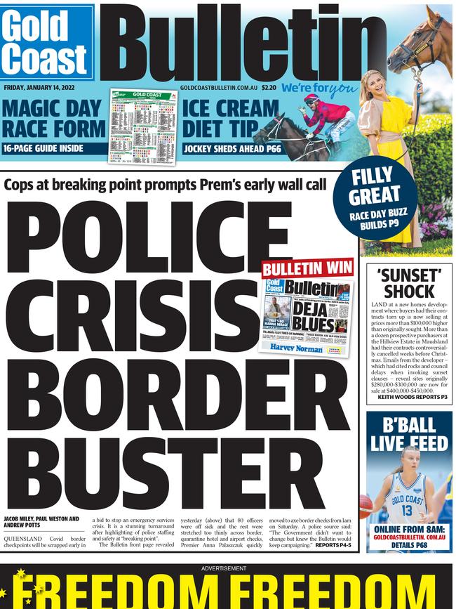 The Bulletin's front page on January 14 revealing the state government's decision to scrap border checks early following the previous day's front page report.