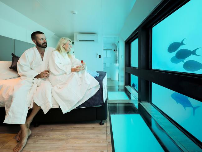 Ang and Aaron Barton inside one of the underwater rooms at Reefsuites.