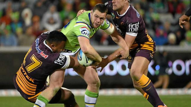 HERE WE GO: Former Miles Devils product turned Canberra Raiders player Luke Bateman (centre) is looking forwad to playing his first NRL semi-final on Saturday. Picture: MICK TSIKAS