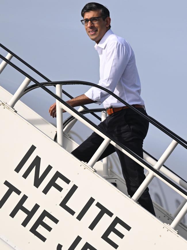 British Prime Minister Rishi Sunak at Stansted Airport outside London as he departs for the AUKUS Meeting in San Diego. Picture: Getty Images