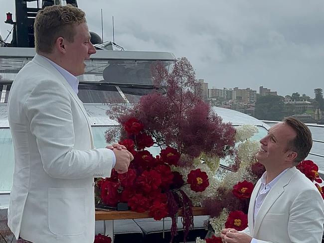 Brisbane businessman Brendon Mann proposed to long-term partner and 10 News First Queensland political reporter Brendan Smith on Novemebr 15 onboard the superyacht 'Ghost II' on Sydney Harbour. Photo: Instagram/@Brendonmann.