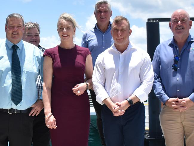 Whitsunday Regional councillors Michelle Wright, Jan Clifford, Gary Simpson, Andrew Willcox, John Collins, Al Grundy and Mike Brunker with Deputy Premier Steven Miles and Senator Bridget McKenzie at the Shute Harbour Marine Terminal reopening, December 15, 2021. Picture: Kirra Grimes