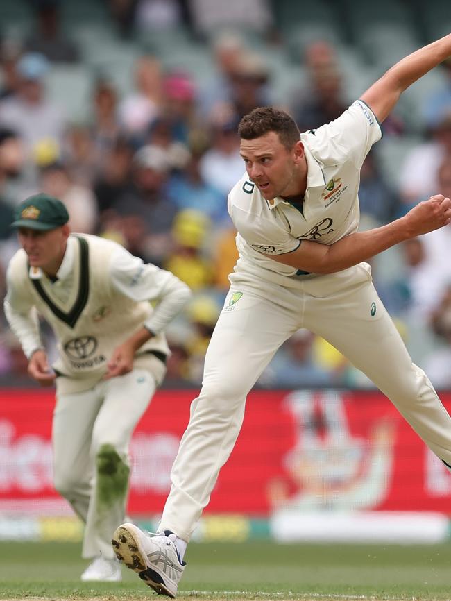 Josh Hazlewood took four wickets as Australia bowled out West Indies for 188. Picture: Paul Kane/Getty Images