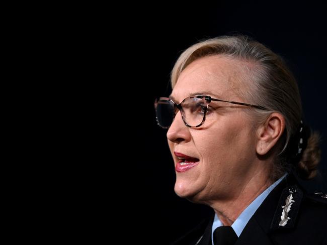 Queensland Police Commissioner Katarina Carroll announces her resignation at the QPS headquarters in Brisbane. Picture: Dan Peled