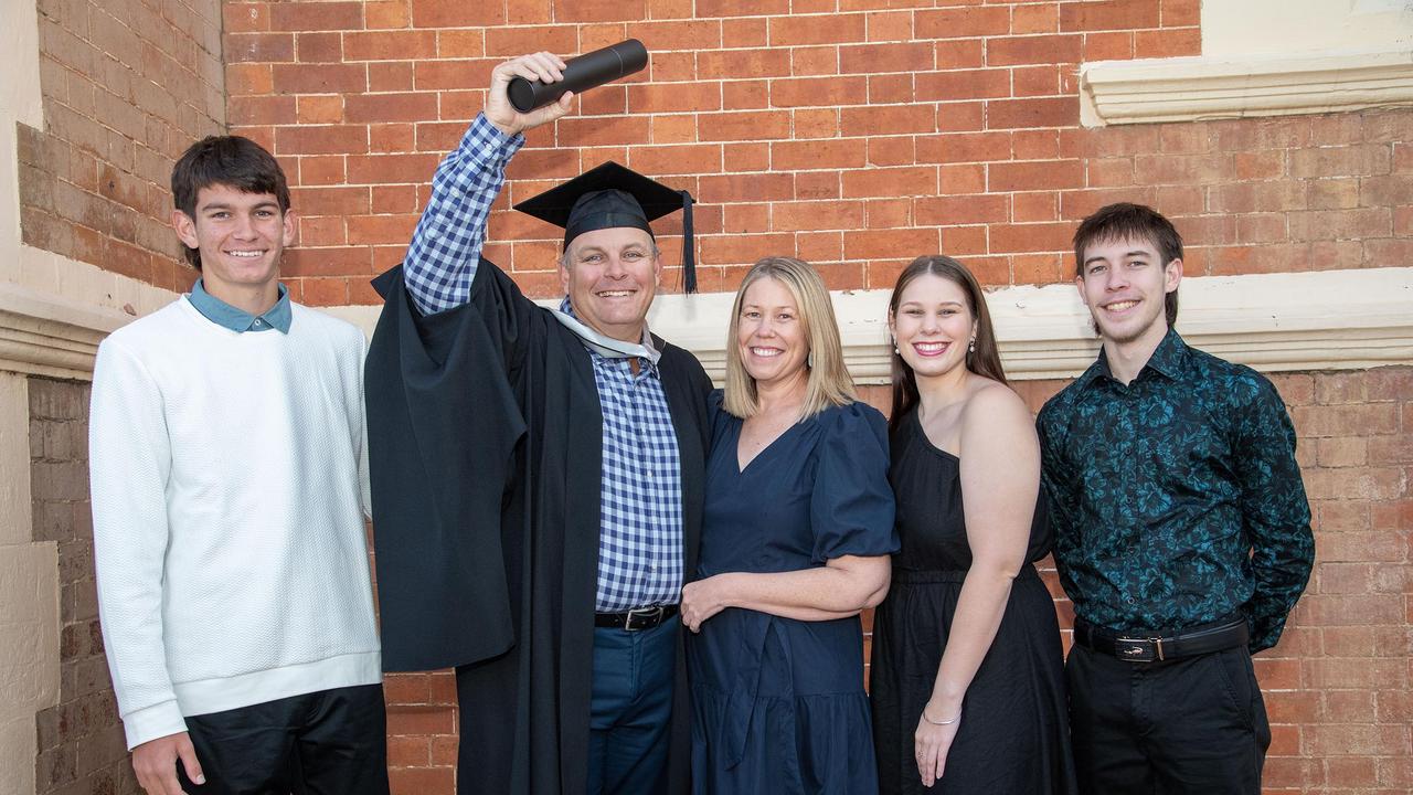 Paul Spanner (second from left) graduated with a Master of Business Administration surrounded by family, from left; Liam, Renae, Georgia and Jye. UniSQ graduation ceremony at Empire Theatre. Wednesday, June 28, 2023