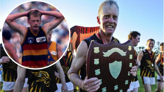 Pleasure and pain: Maynard celebrates a premiership with the Lameroo Hawks and, inset, Maynard in action for the Adelaide Crows.