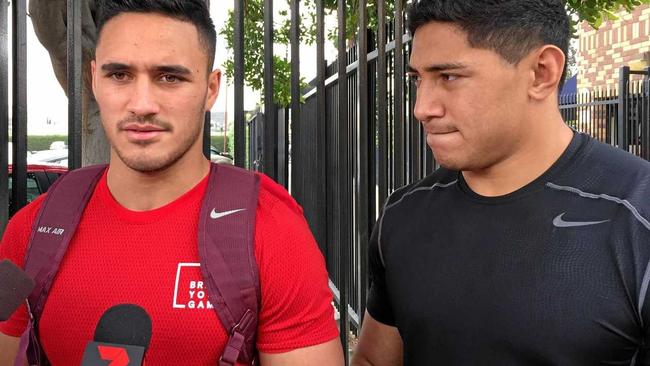 NRL players Valentine Holmes and Jason Taumalolo (right) speak to reporters in Los Angeles. Picture: MITCHELL PETER