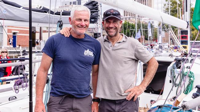 The two-handed crew of John Saul and Rob Gough from Kraken 111 after completing the Sydney to Hobart Yacht. Picture: Linda Higginson