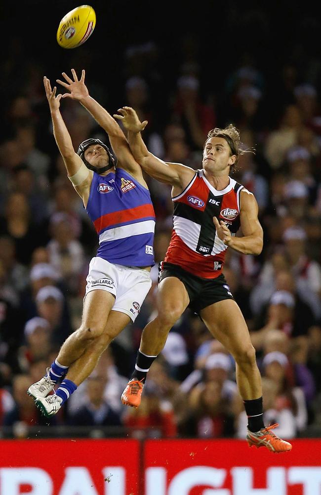 Caleb Daniel flies for a mark as Mav Weller looks to spoil.