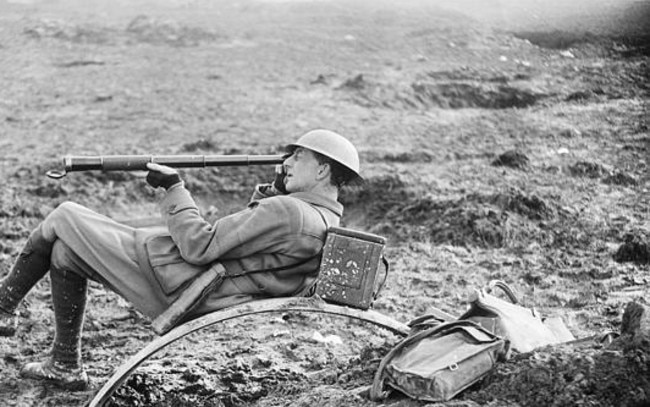 copy of picture from the book Charles Bean by Ross Coulthart Pic shows Charles Bean with his telescope on the battle field