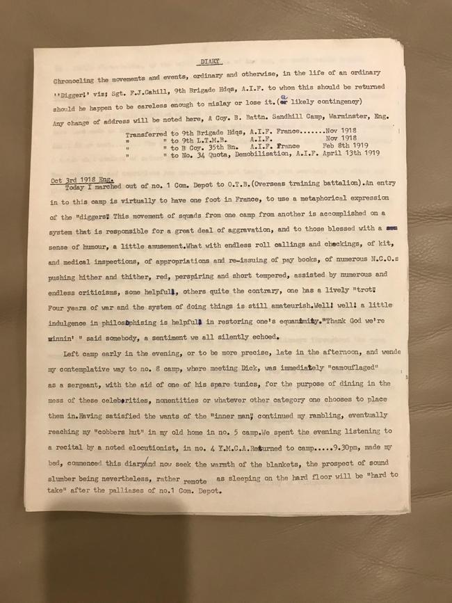 Two pages from the re-printed diary of Lismore-born Frederick Joseph Cahill. Photo: Rob Craft