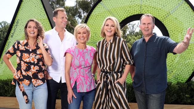 The Channel Nine Today Show hosts getting ready for 2019 Australian Open Live site. Brooke Boney, Tom Steinfort, Deb Knight, Georgie Gardner and Tony Jones. Picture: Alex Coppel