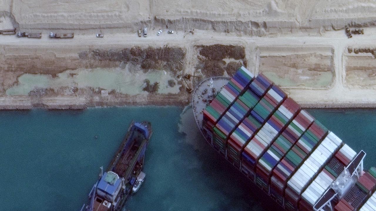 The colossal container ship, the Ever Given, has been freed from the Suez Canal, one of the world’s busiest shipping lanes. Picture: Satellite image Maxar Technologies/AFP